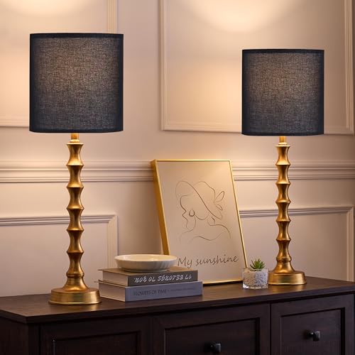 Gold Table Lamp Set of 2 Metal Bamboo Shape Linen White Shade W737