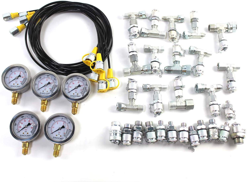 Hydraulic Pressure Test Kit with 5 Gauges, 5 Test Hoses, 13 Couplings and 14 Tee Connectors E51029