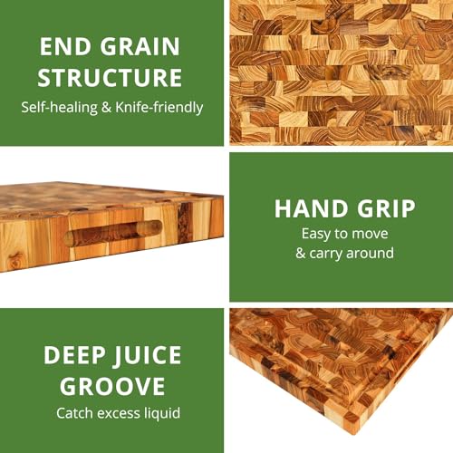 Teak Wood End Grain Cutting Board with Juice Groove Hand Grip (Medium 18x14x1.5 inches) M2824