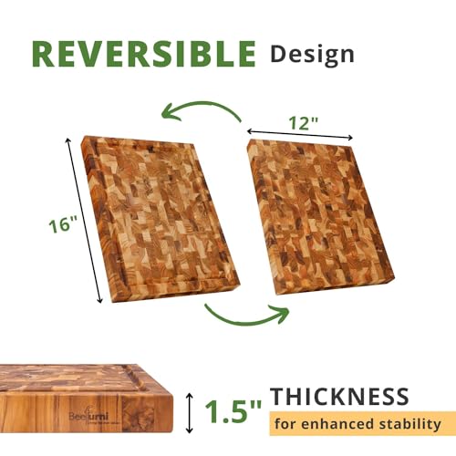 Teak Wood End Grain Cutting Board with Juice Groove Hand Grip (Medium 18x14x1.5 inches) M2824