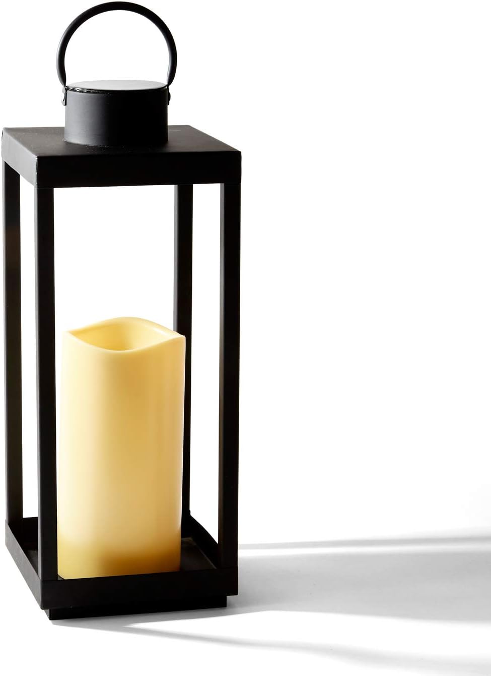 Large Outdoor Lantern with Solar Candle, 18 Inch Tall, Matte Black Metal Frame D2981