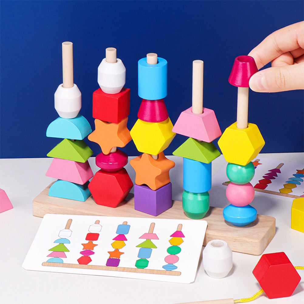 Wooden Stacking Blocks Lacing Beads Shape Matching Toy M3454