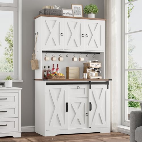 White Kitchen Pantry Cabinet with Drawer and Sliding Barn Doors I4220