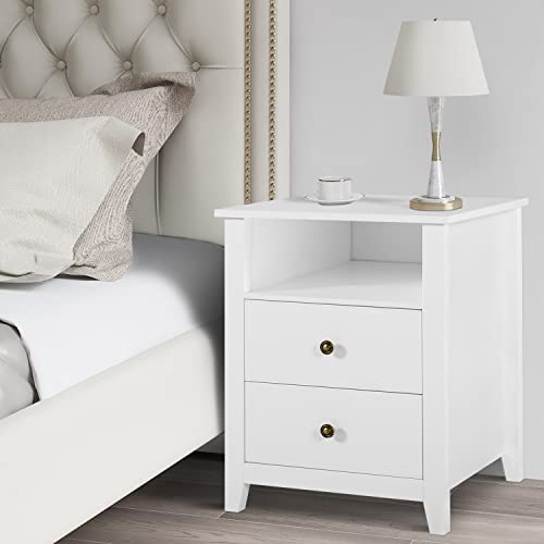 White Nightstands with Drawer Set of 2 Wood Bedside Tables U8338