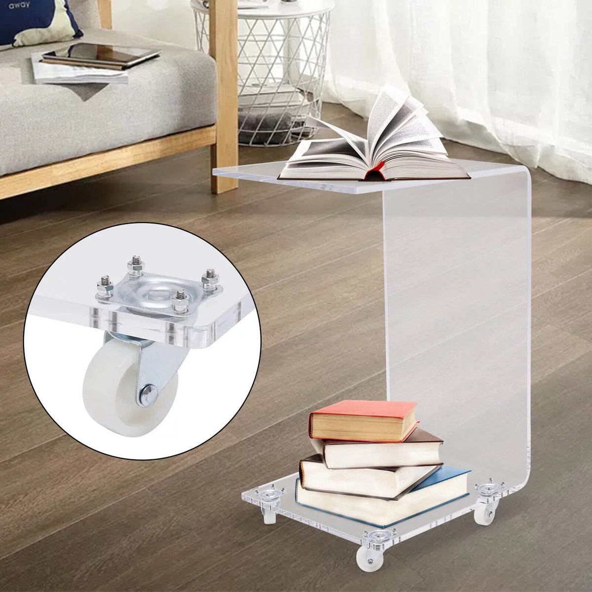 Clear Acrylic C-Shape Sofa Side Table with Wheels N4495