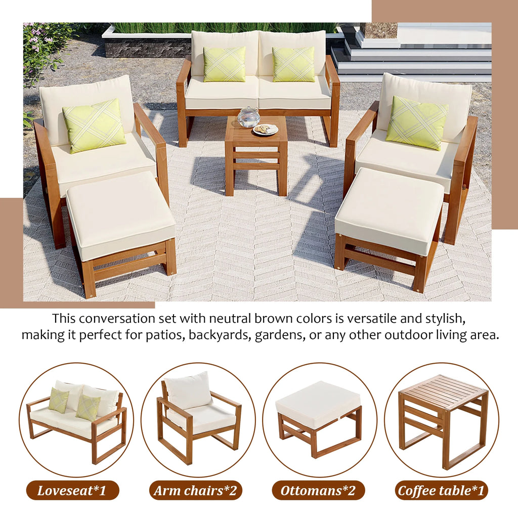 6-Piece Wood Outdoor Patio Conversation Set with Ottomans and Cushions O709
