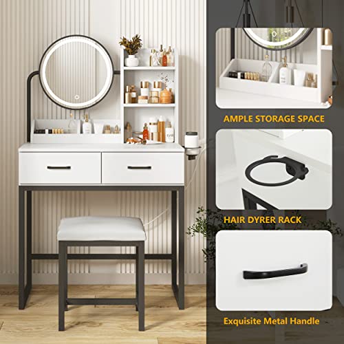 White Vanity Desk with Round Mirror and Lights and Hair Dryer Rack (Brown and Black, 15.75 * 31.5 * 53.6in) V229