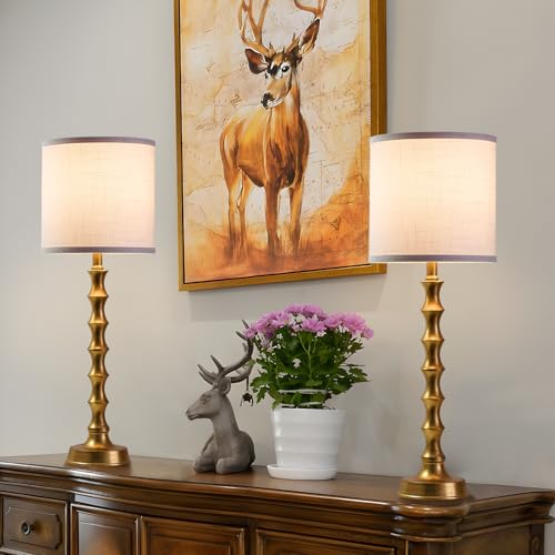 Gold Table Lamp Set of 2 Metal Bamboo Shape Linen White Shade W737