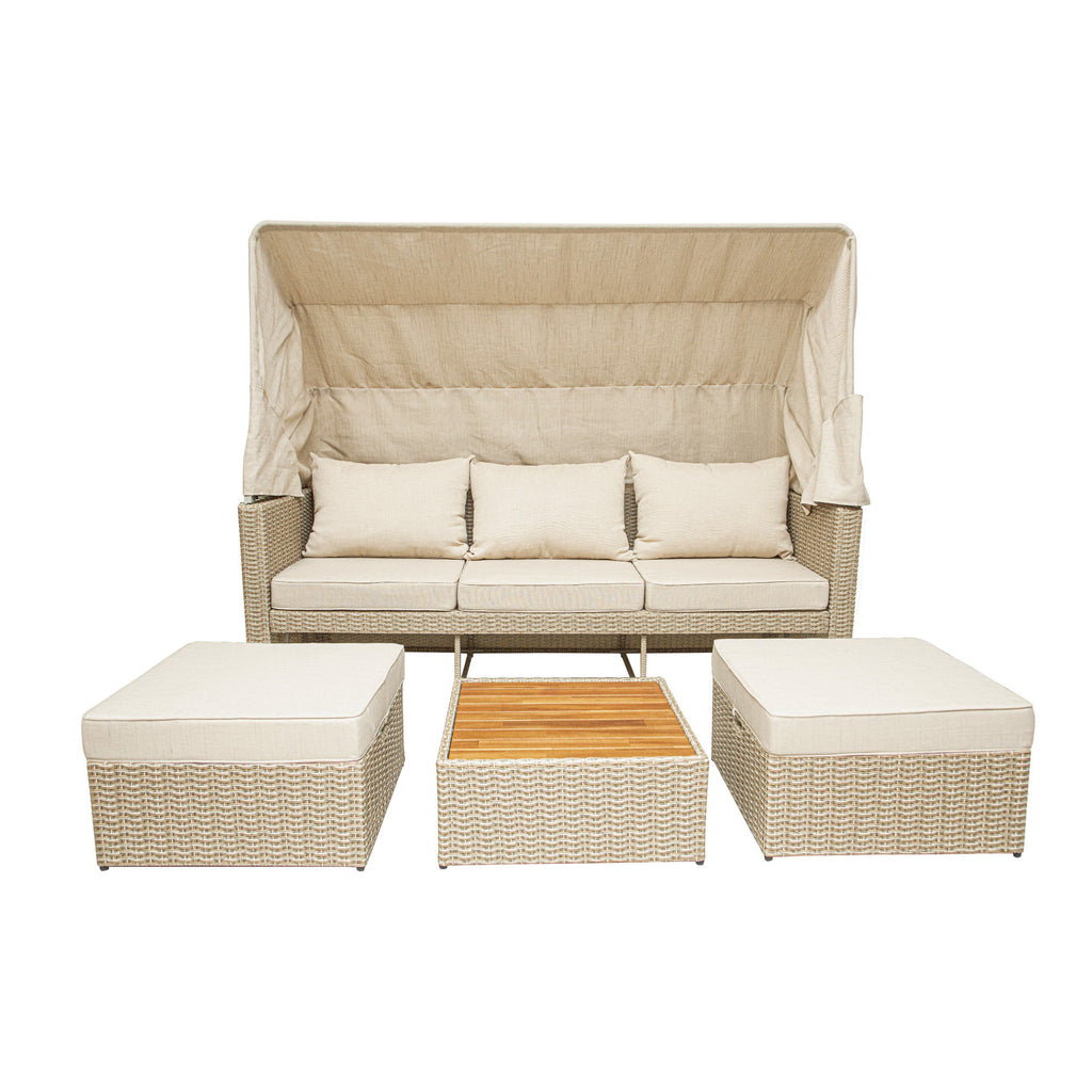 Outdoor Wicker Patio Sofa with Canopy & Ottoman Set B662