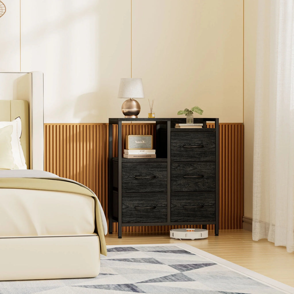 5 Fabric Drawers Rustic Brown Dresser with Shelves M9762