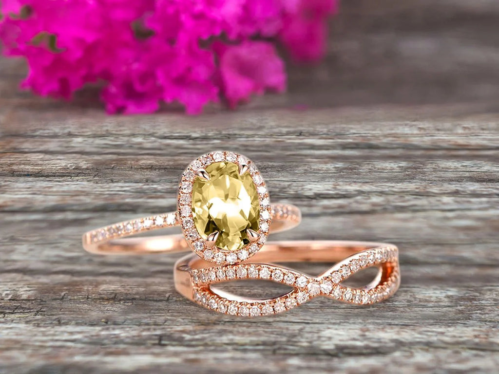 Oval Cut Champagne Diamond Moissanite Engagement Ring Set On 10k Rose Gold B361894
