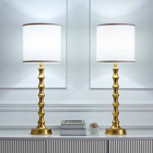 Gold Table Lamp Set of 2 Metal Bamboo Shape Linen White Shade W737