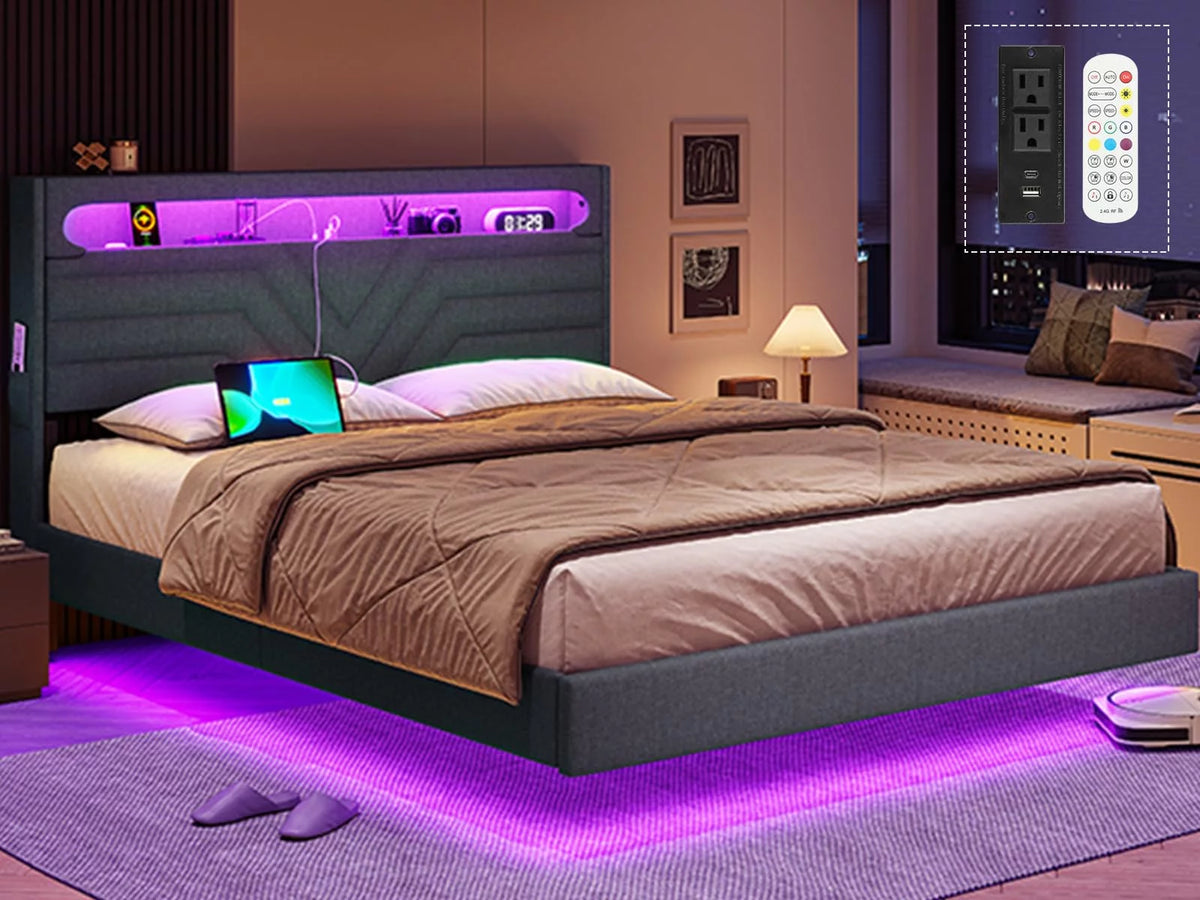 Queen Floating Bed Frame with LED Lights Headboard, USB-C/A Power Combo, Upholstered Platform Bed, Dark Gray L4142