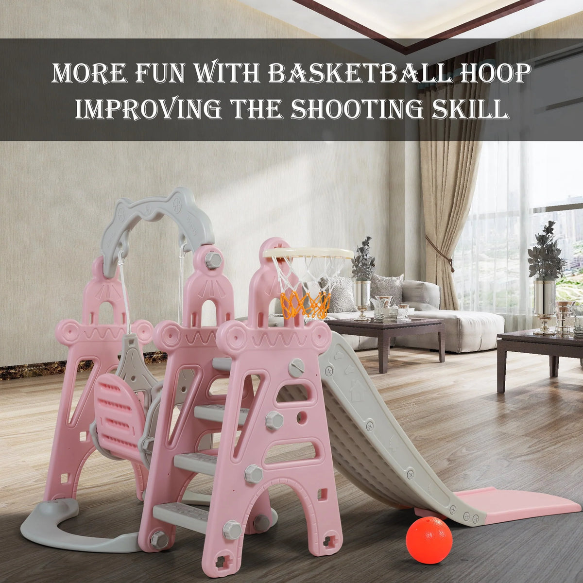 4 in 1 Slide and Swing Set with Basketball Hoop Y862579