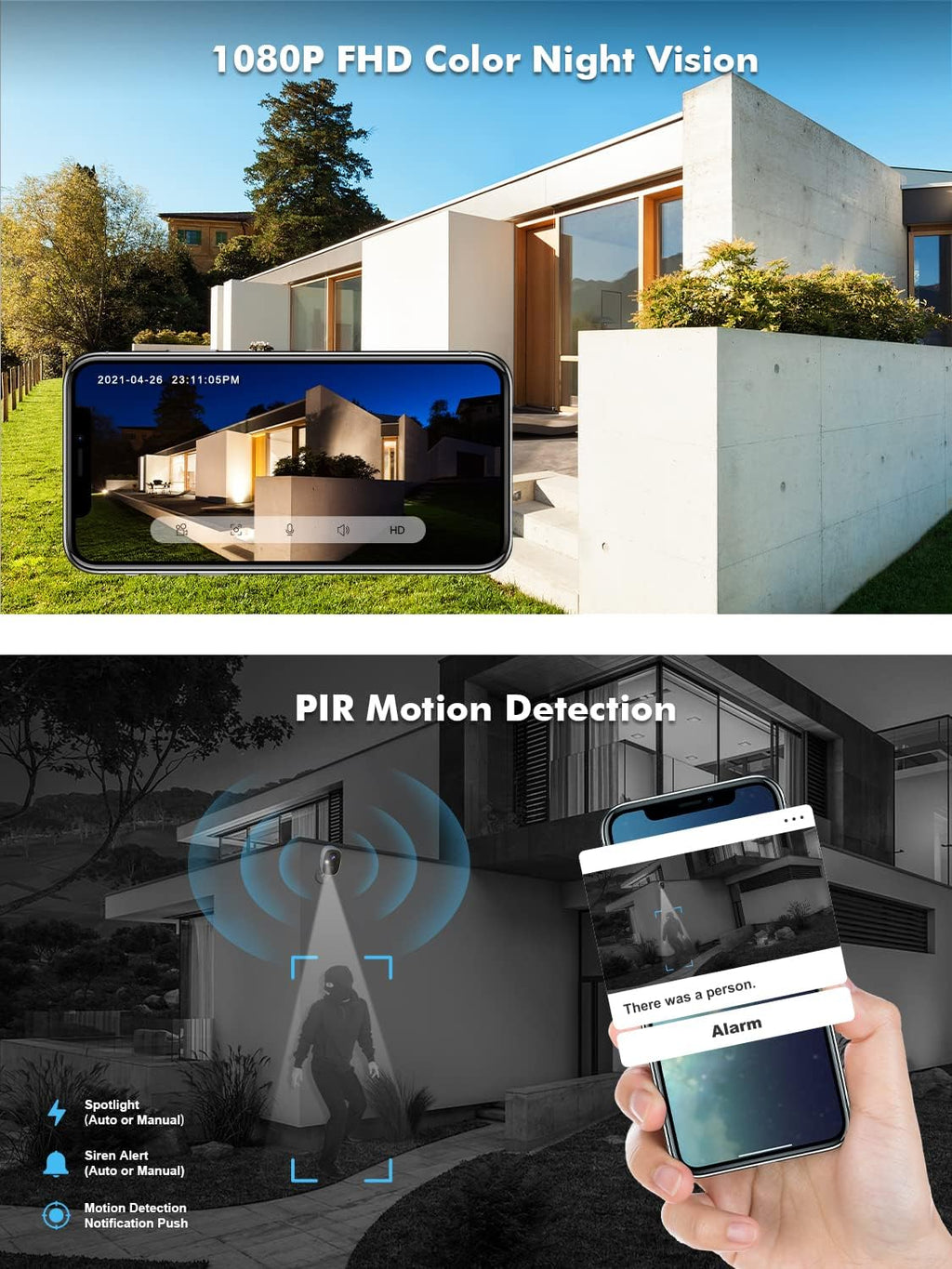 Wireless Outdoor Security Camera with Spotlight & Siren, 1080P Battery Powered WiFi Camera R3408