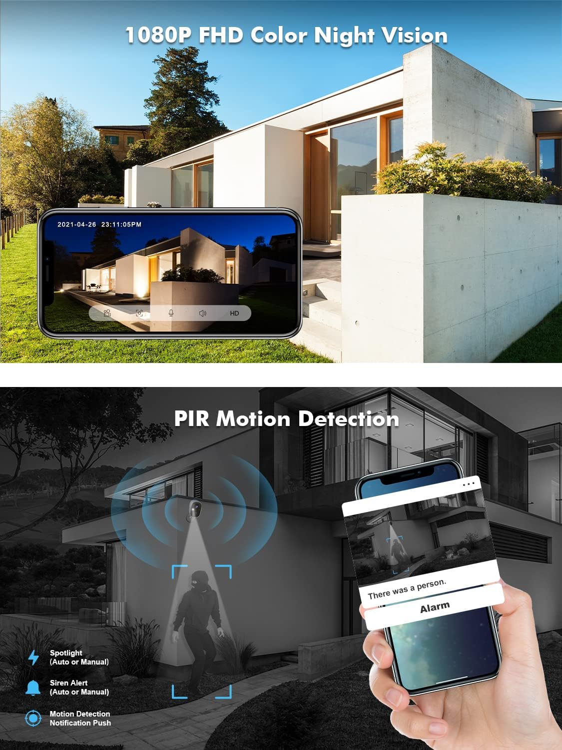 Wireless Outdoor Security Camera with Spotlight & Siren, 1080P Battery Powered WiFi Camera R3408