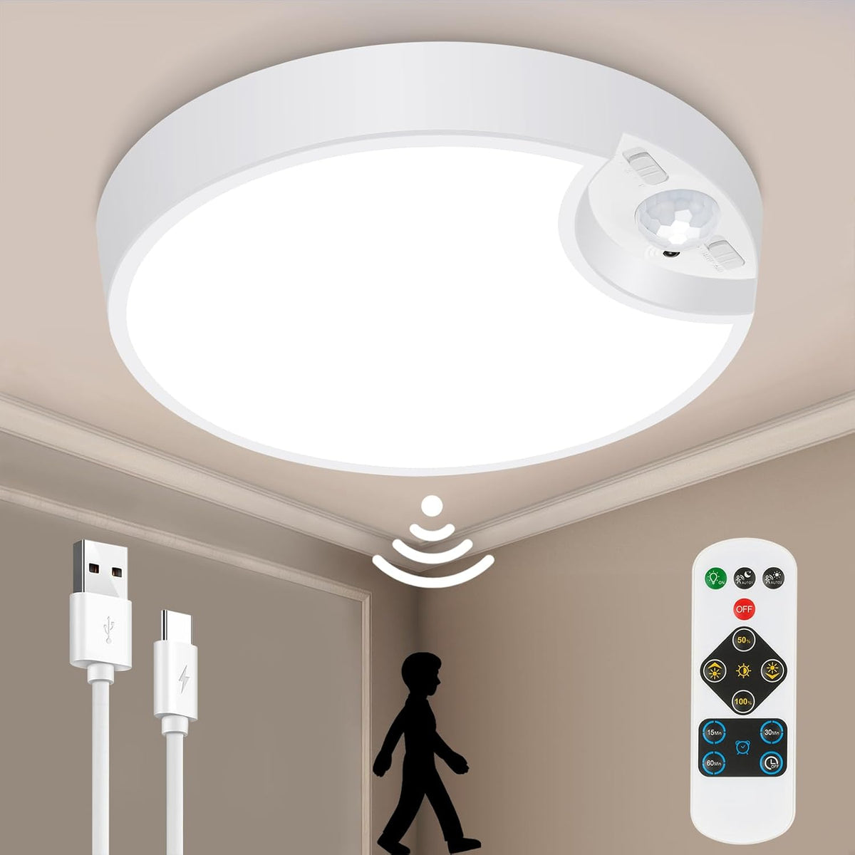 Rechargeable Motion Sensor Ceiling Light 8.7inch 6000K 8000mAh F2280