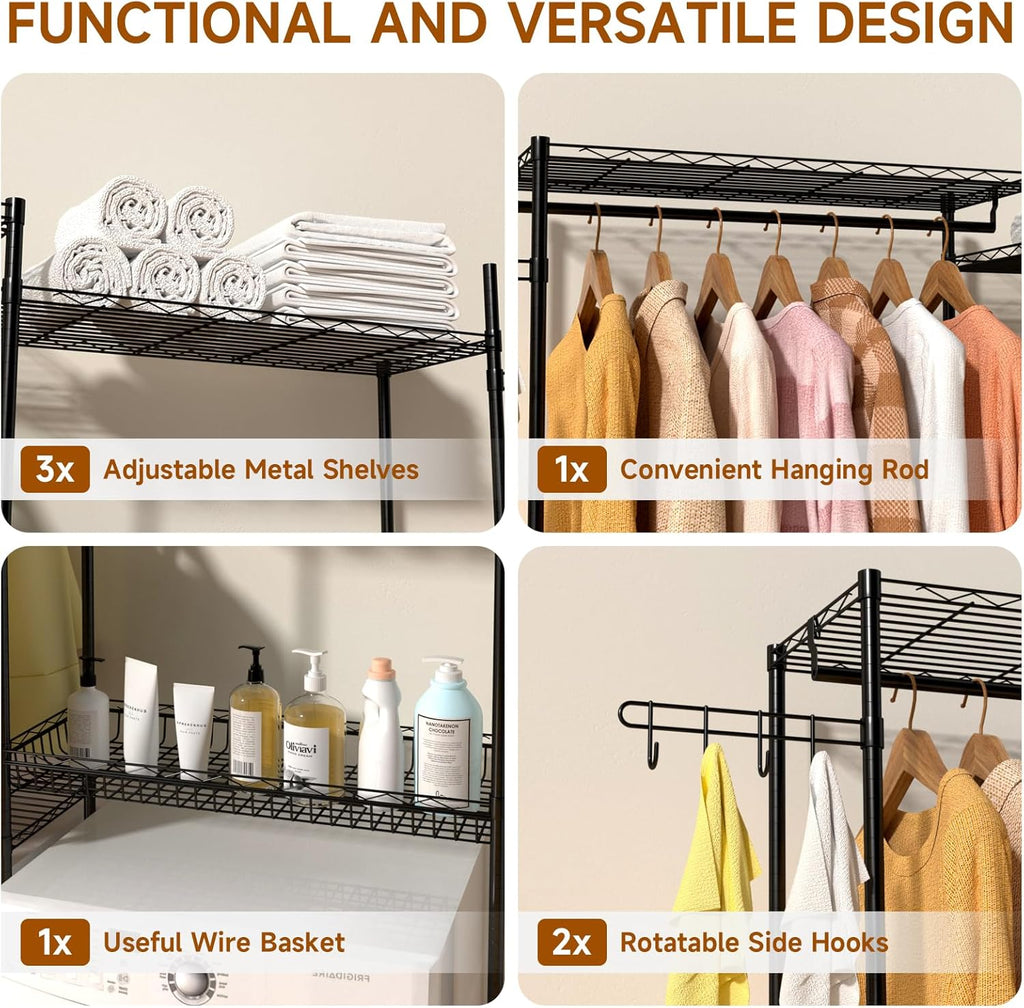 Over The Washer and Dryer Laundry Room Storage Shelf with Adjustable Shelves, Wire Basket, and Rotatable Hooks R51877