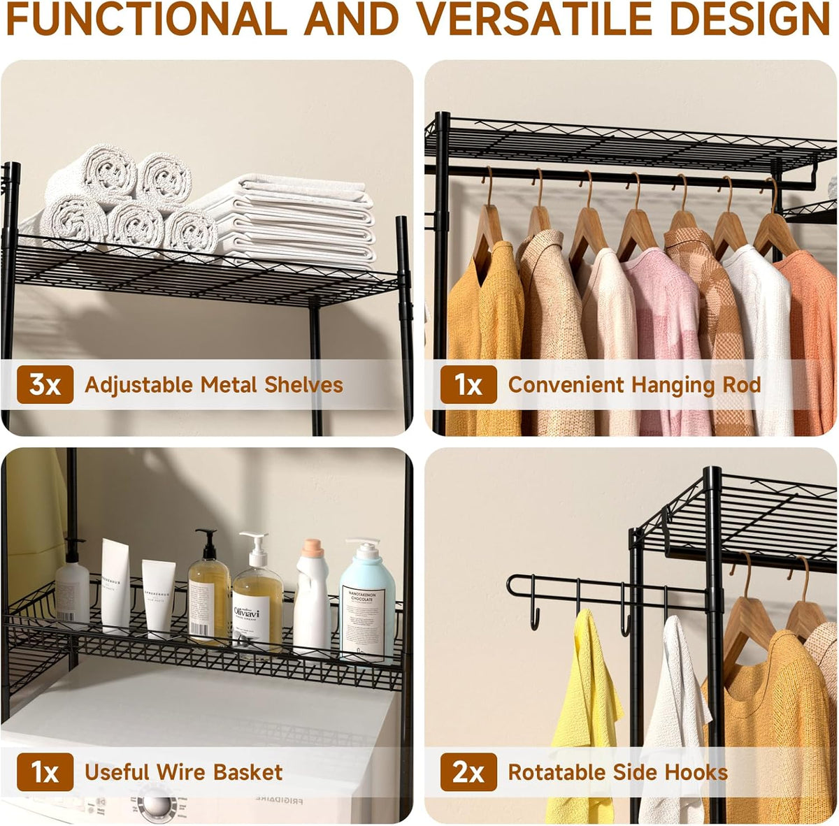 Over The Washer and Dryer Laundry Room Storage Shelf with Adjustable Shelves, Wire Basket, and Rotatable Hooks R51877