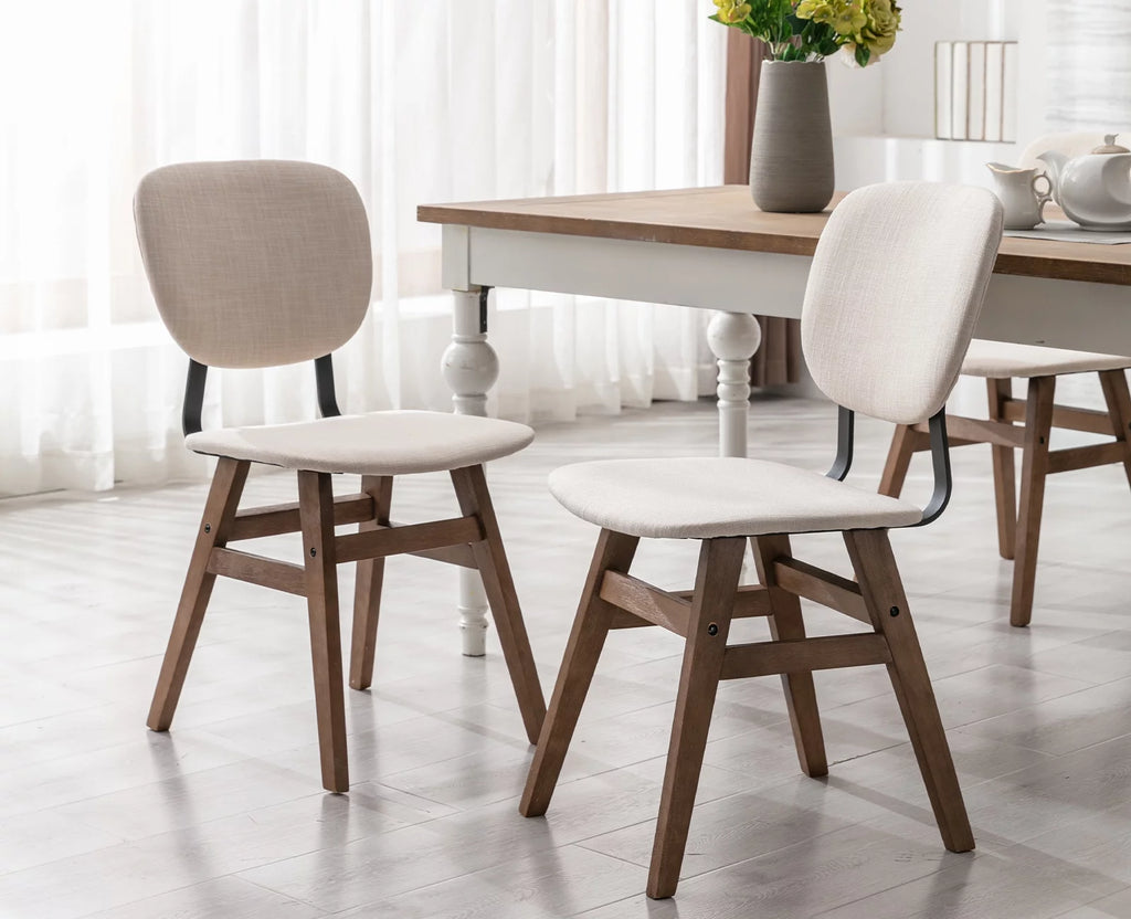 Cream Linen Upholstered Dining Chair Set of 2 with Wooden Legs R515425