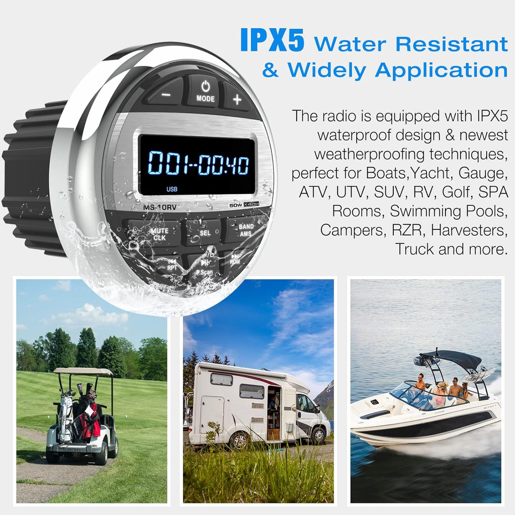Waterproof Marine Grade Bluetooth Boat Stereo Receiver with FM AM Radio, USB, AUX-in, MP3, Subwoofer, Pre-Amp & EQ R206946