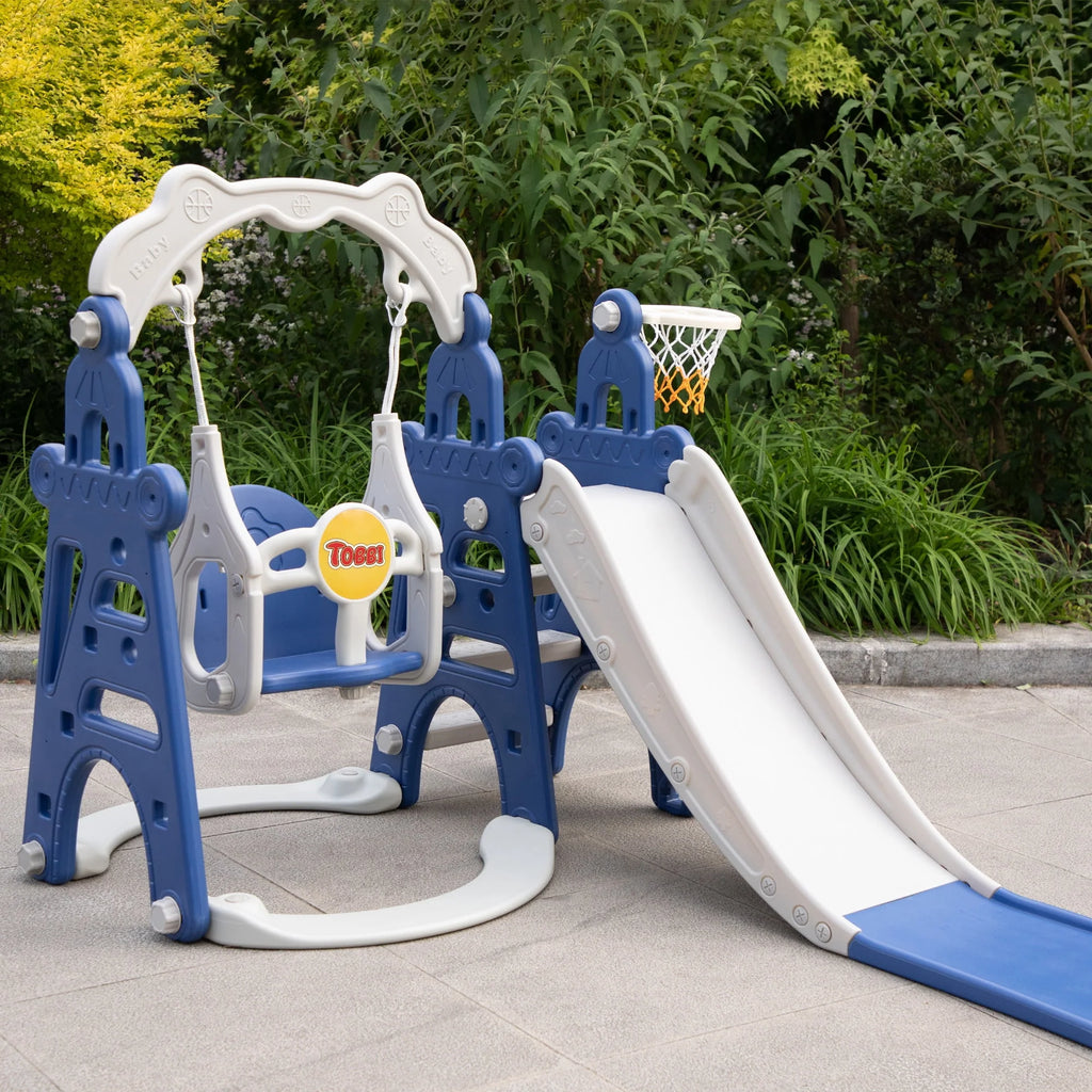 4 in 1 Slide and Swing Set with Basketball Hoop Y862579
