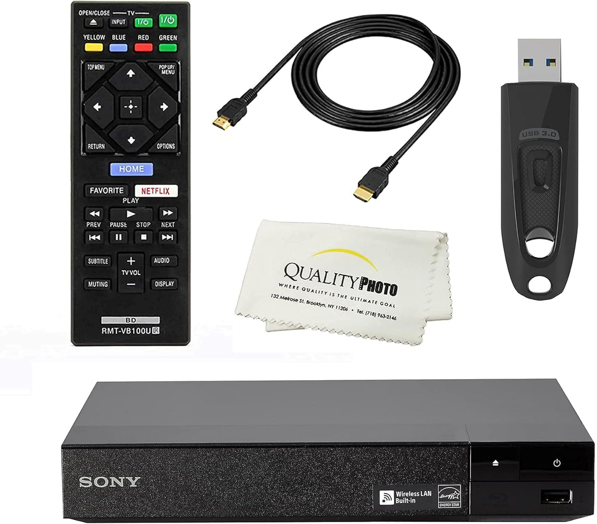 Blu-ray Disc Player with Built-in Wi-Fi and HDMI Cable with Ultra USB Flash Drive 64GB L759977