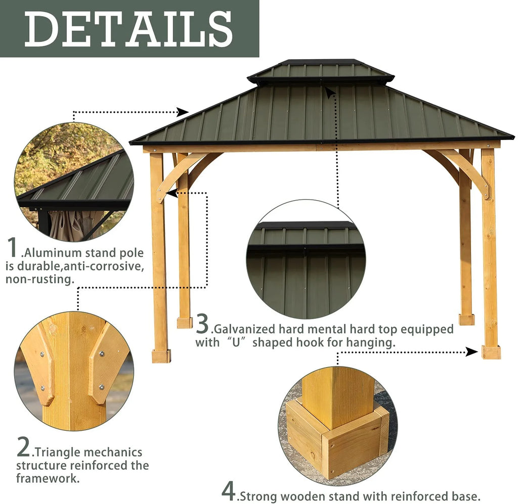 Green 10 x 12 ft. Solid Wooden Gazebo with Hardtop Roof G19112