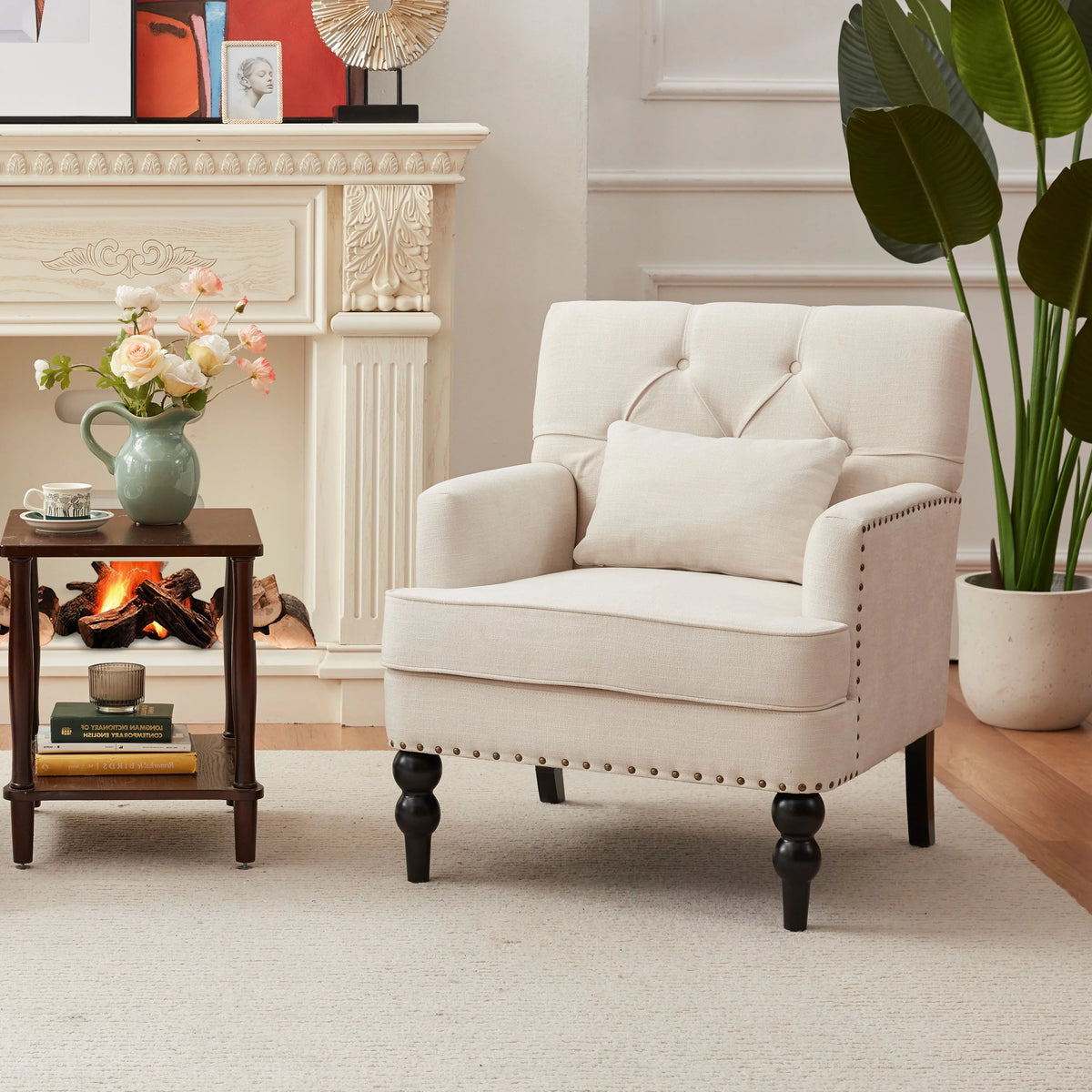 Beige Linen Upholstered Accent Chair with Ottoman H577723