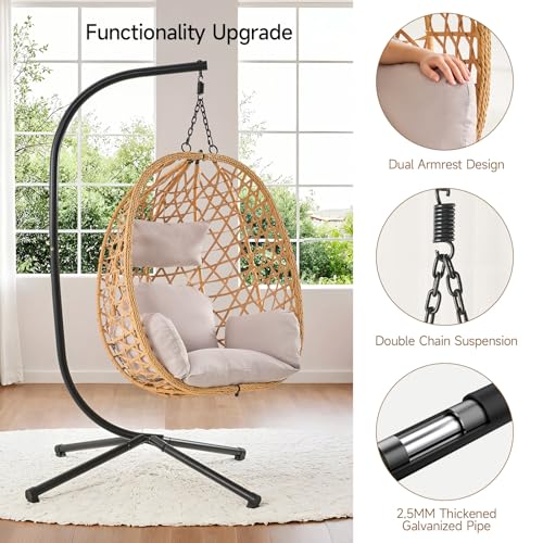 Beige Wicker Rattan Egg Chair with Stand U204583