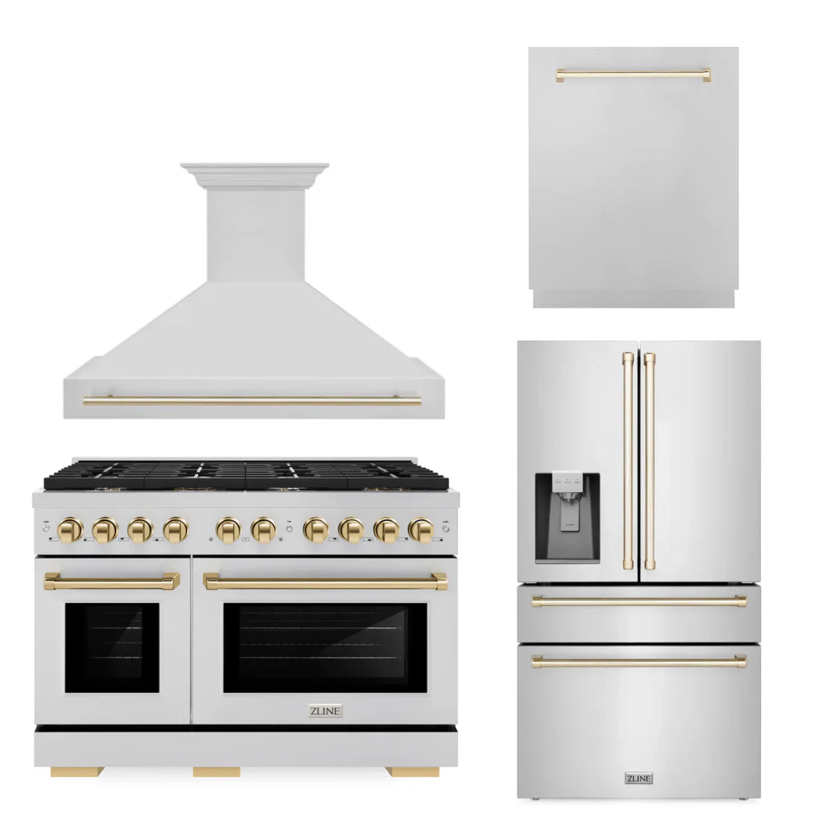 48 In. Gas Range, Range Hood, Refrigerator, and Dishwasher in Stainless Steel with Gold Accents I93948