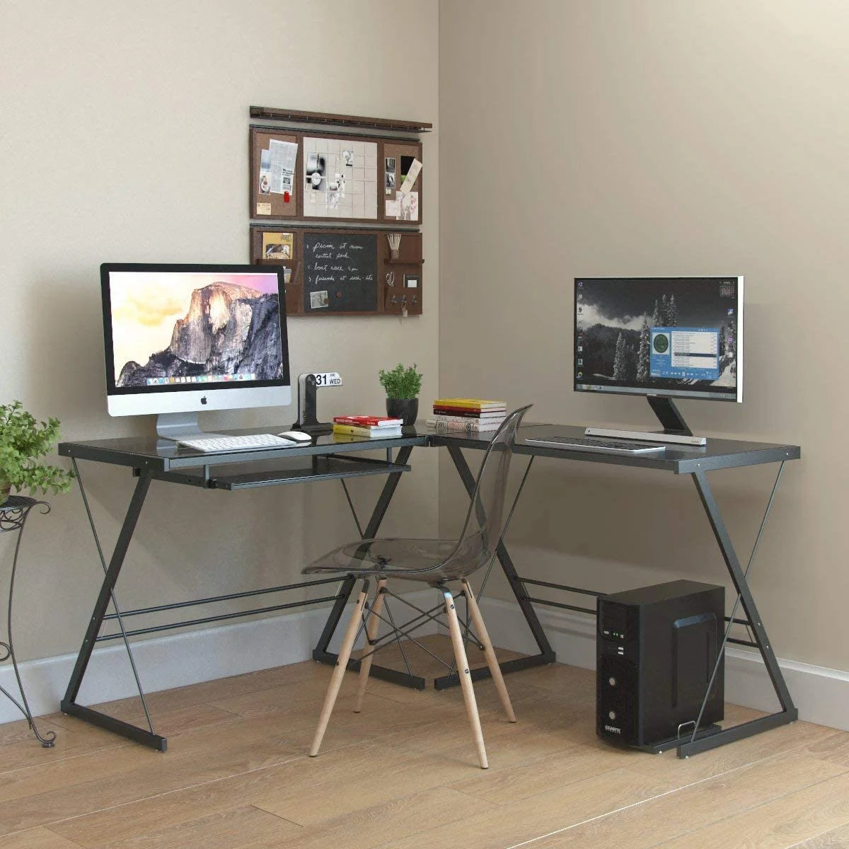 L-Shape Computer Desk with Black Glass M80200