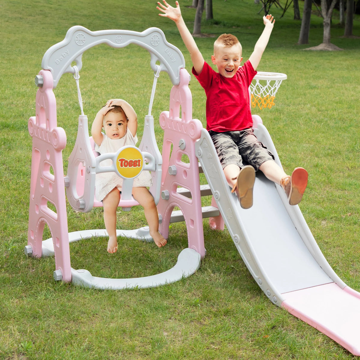 4 in 1 Slide and Swing Set with Basketball Hoop Y862579