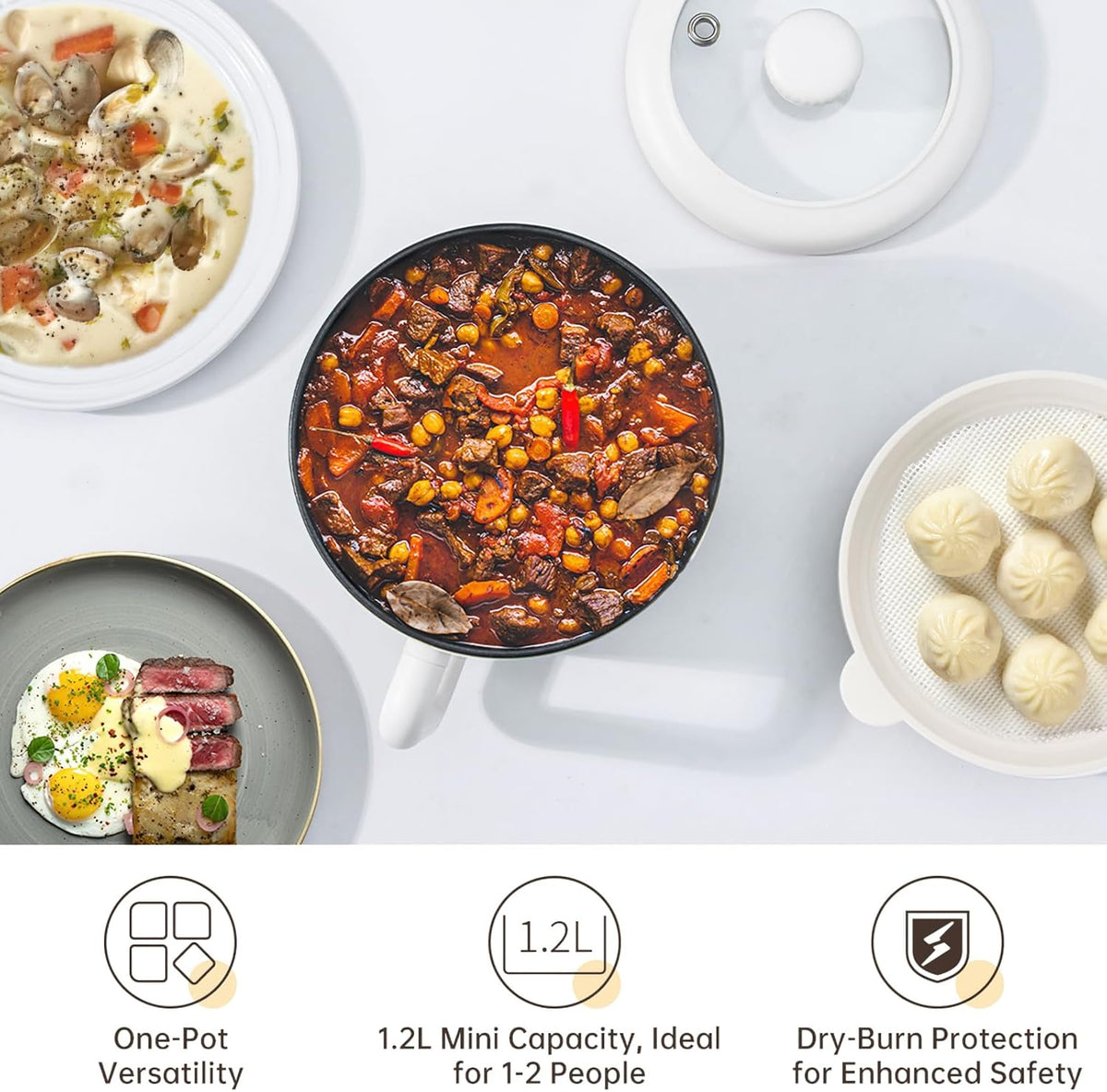 White Electric Mini Ramen Cooker 1.2L Nonstick 300W/600W T405