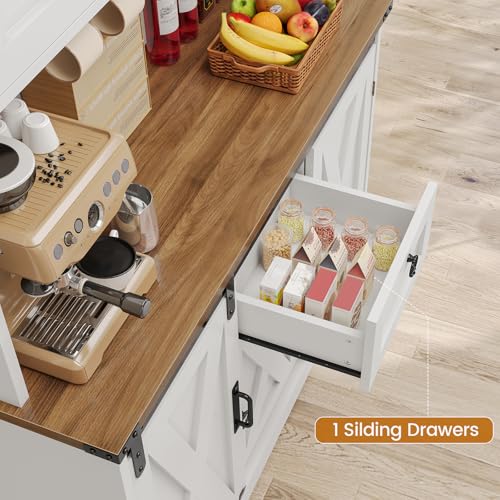 White Kitchen Pantry Cabinet with Drawer and Sliding Barn Doors I4220
