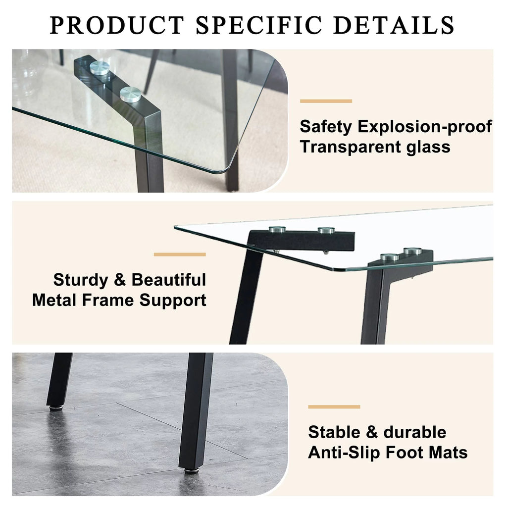 Rectangular Glass Dining Table for 4-6 with Tempered Glass Tabletop and Black Metal Legs I41568
