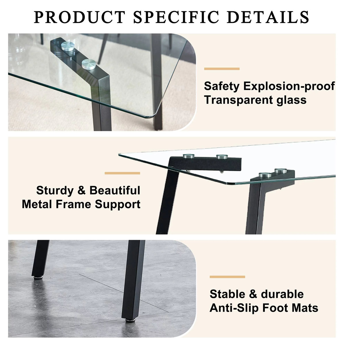 Rectangular Glass Dining Table for 4-6 with Tempered Glass Tabletop and Black Metal Legs I41568