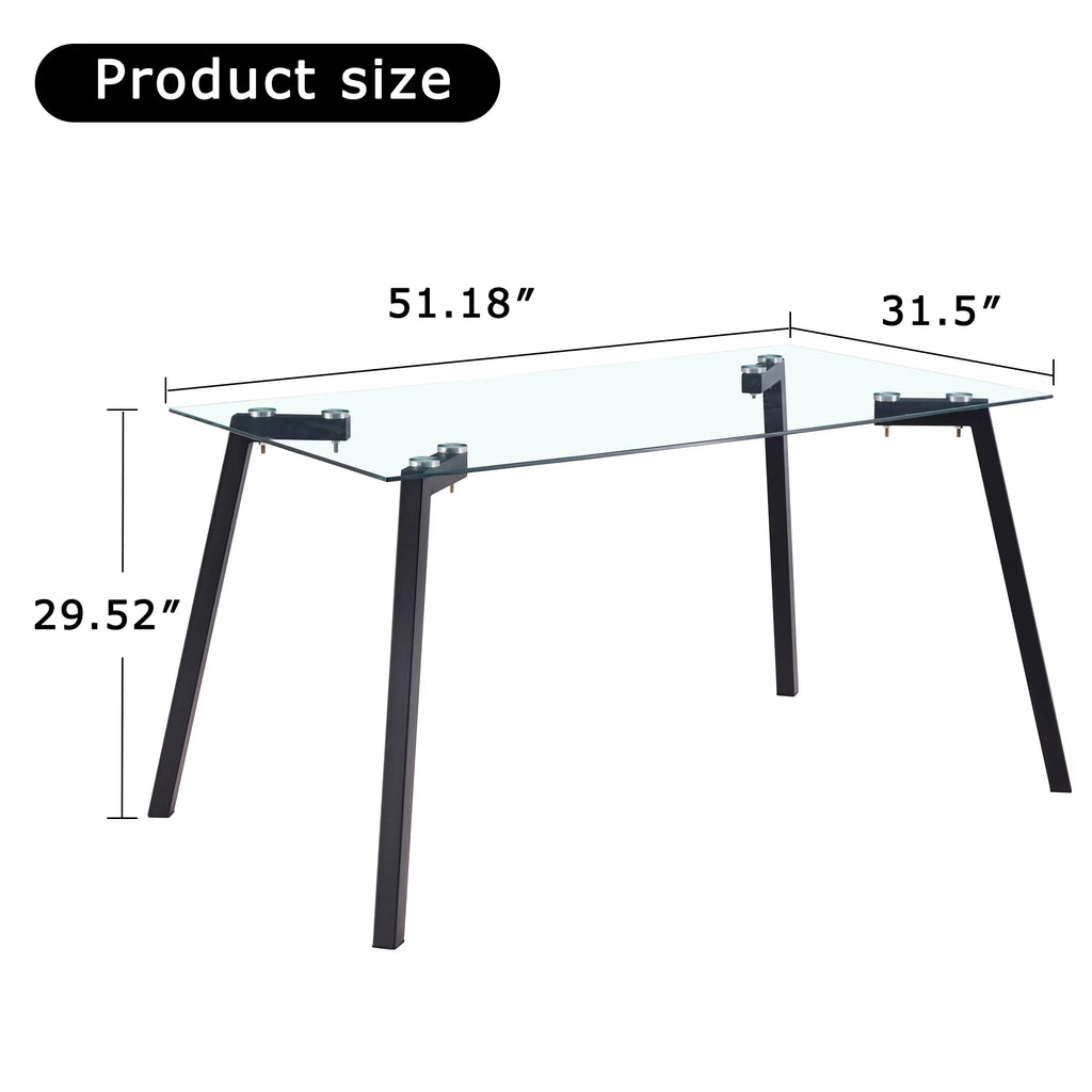 Rectangular Glass Dining Table for 4-6 with Tempered Glass Tabletop and Black Metal Legs I41568