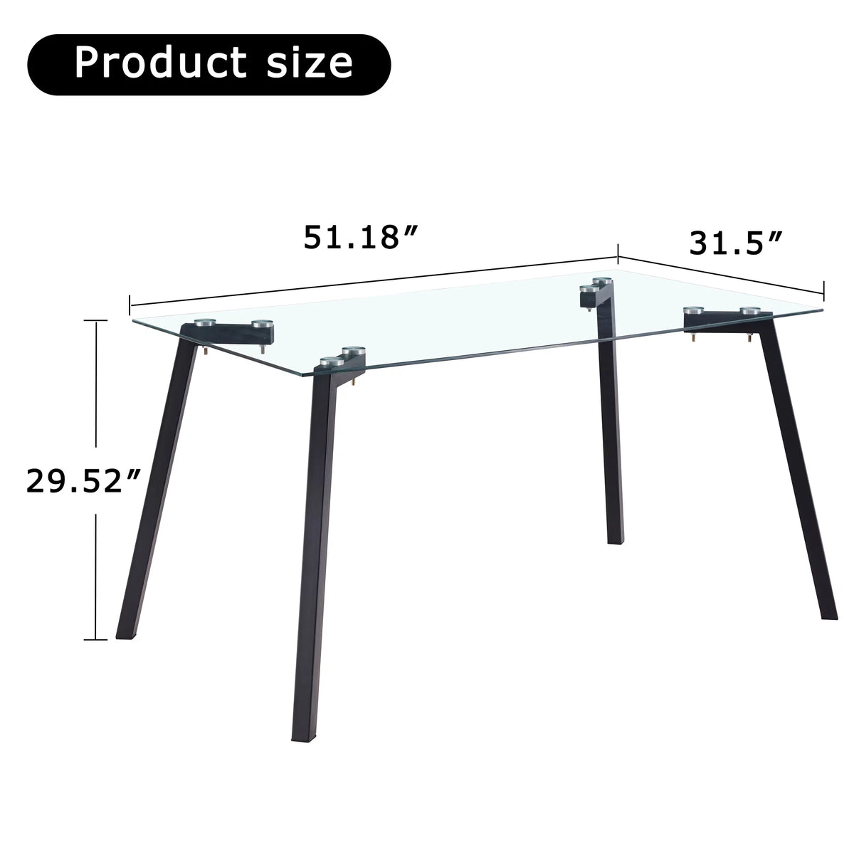 Rectangular Glass Dining Table for 4-6 with Tempered Glass Tabletop and Black Metal Legs I41568