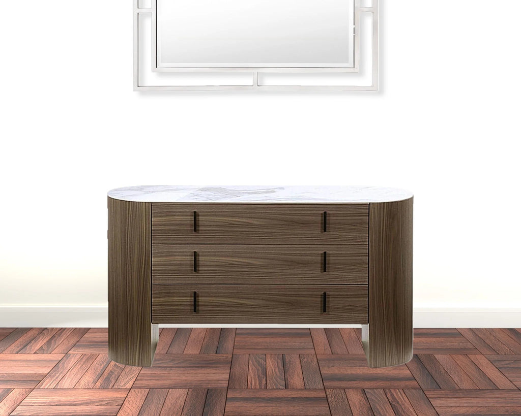 Walnut Marble 55 in. Three Drawer Wood Dresser O172