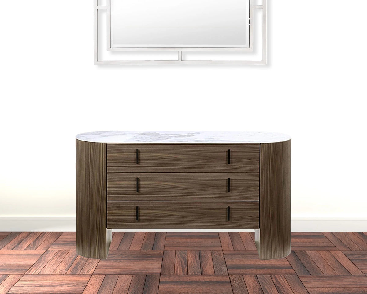 Walnut Marble 55 in. Three Drawer Wood Dresser O172