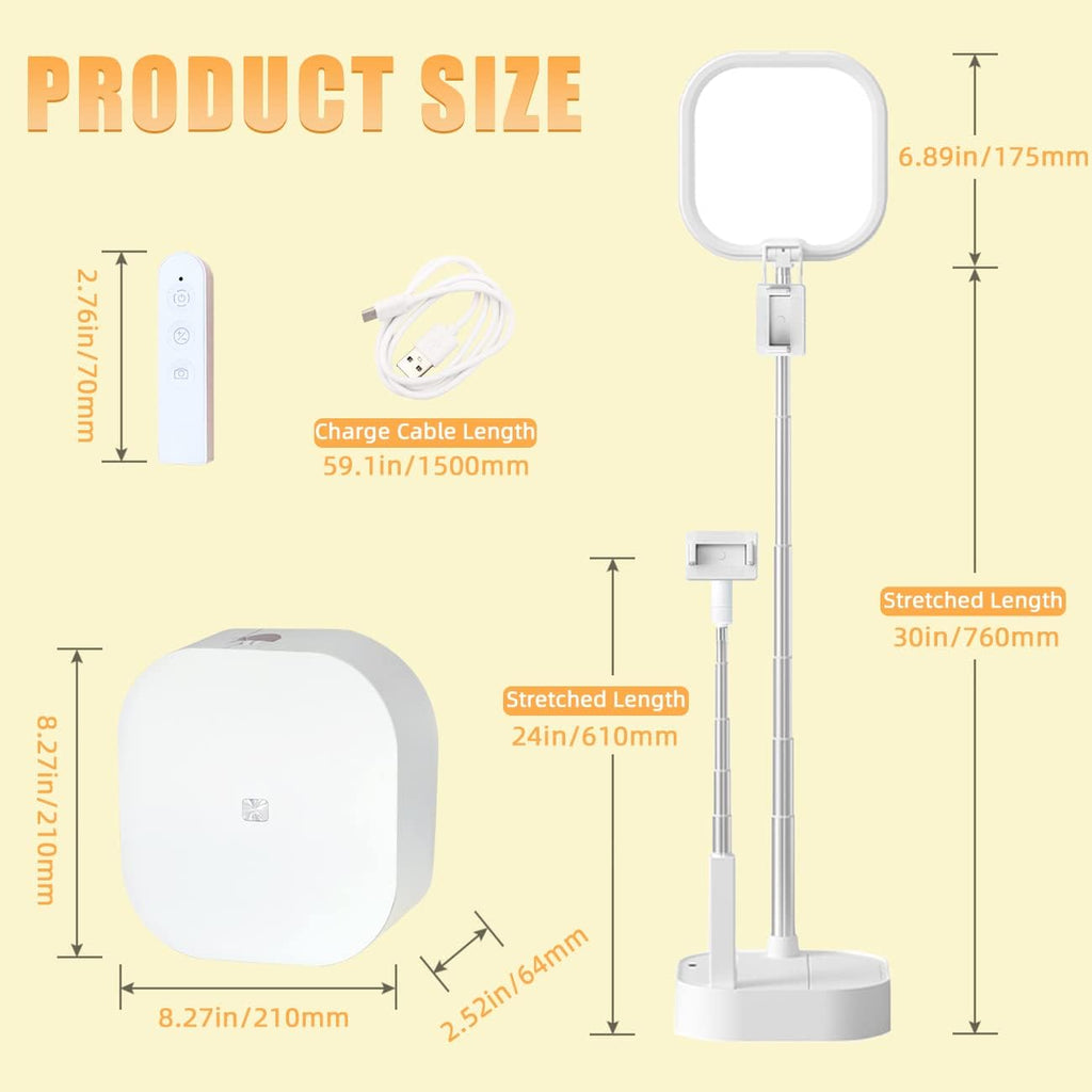 Extendable Selfie Light Stand, Adjustable Phone Selfie Stand, Overhead 360° Rotation Two Phone Holders, Rechargeable Wireless Phone Mount with LED Light, Pack of 2 E205