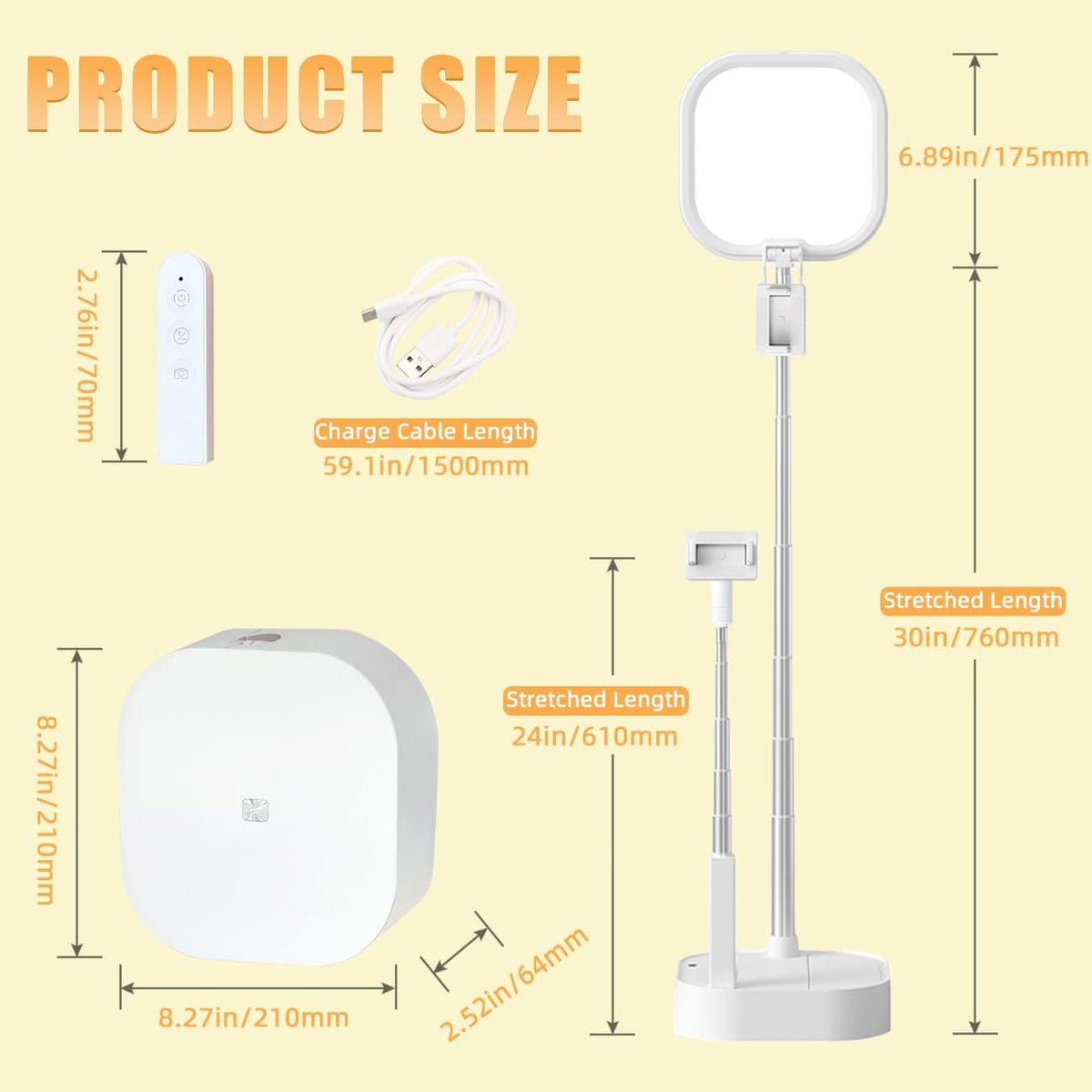 Extendable Selfie Light Stand, Adjustable Phone Selfie Stand, Overhead 360° Rotation Two Phone Holders, Rechargeable Wireless Phone Mount with LED Light, Pack of 2 E205
