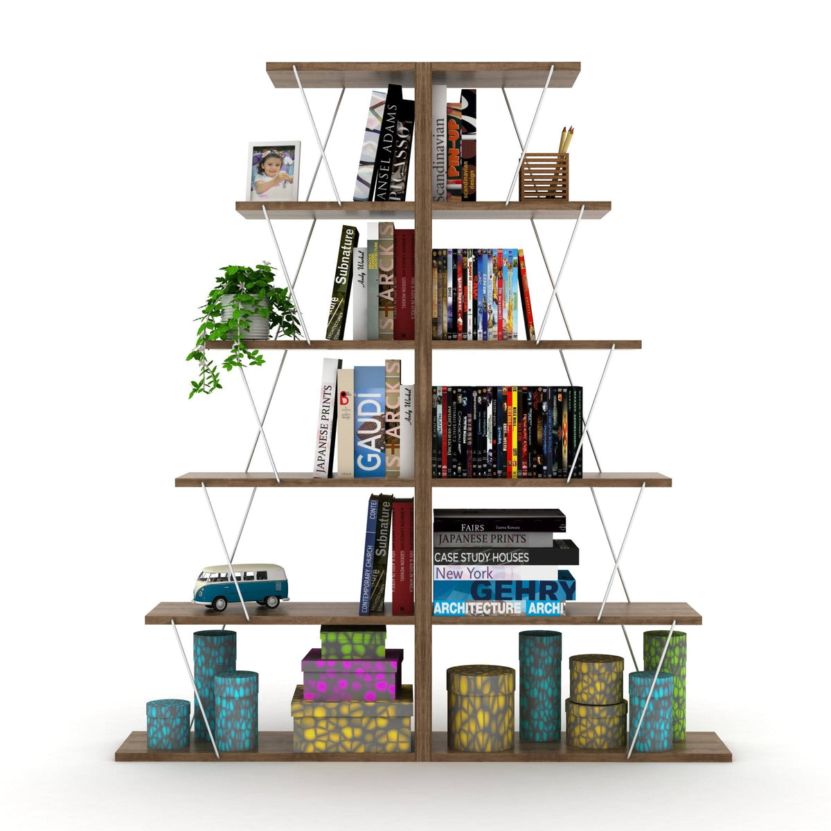 Chrome-White 5-Shelf Angled Bookcase B25354