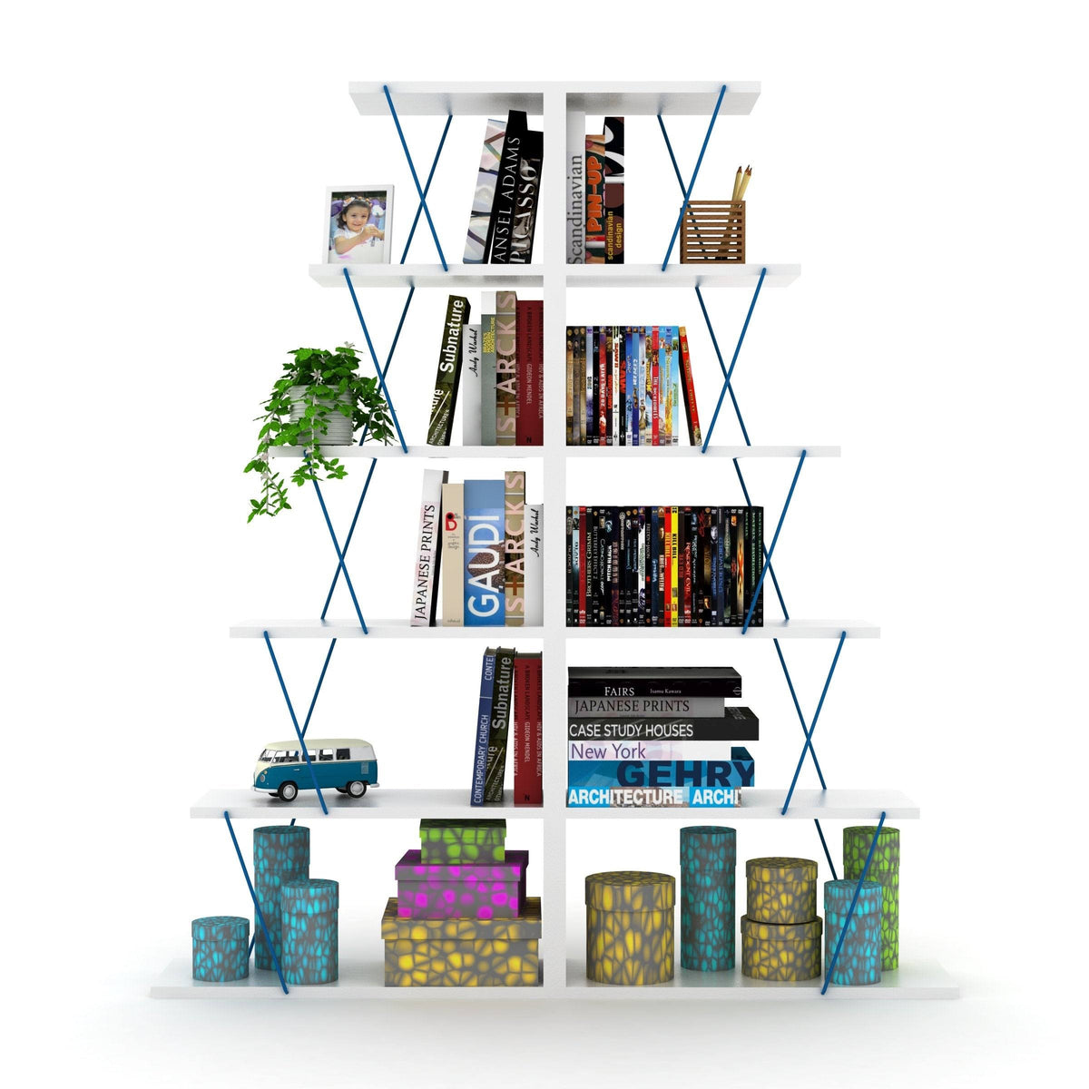 Chrome-White 5-Shelf Angled Bookcase B25354