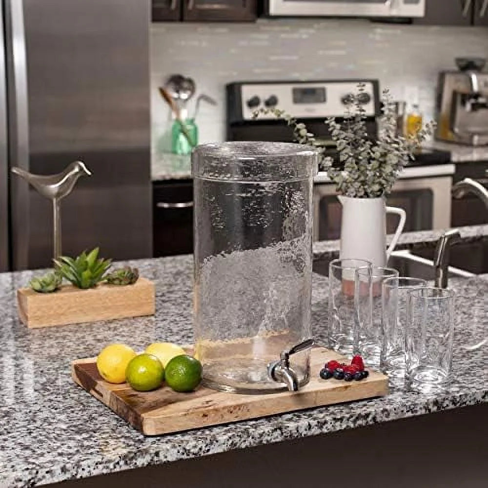 Gallon Beverage Dispenser With Lid, Hammered Glass, Stainless Steel Spigot R18355