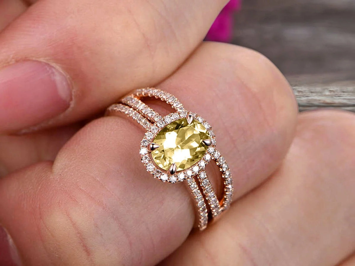 Oval Cut Champagne Diamond Moissanite Engagement Ring Set On 10k Rose Gold B361894