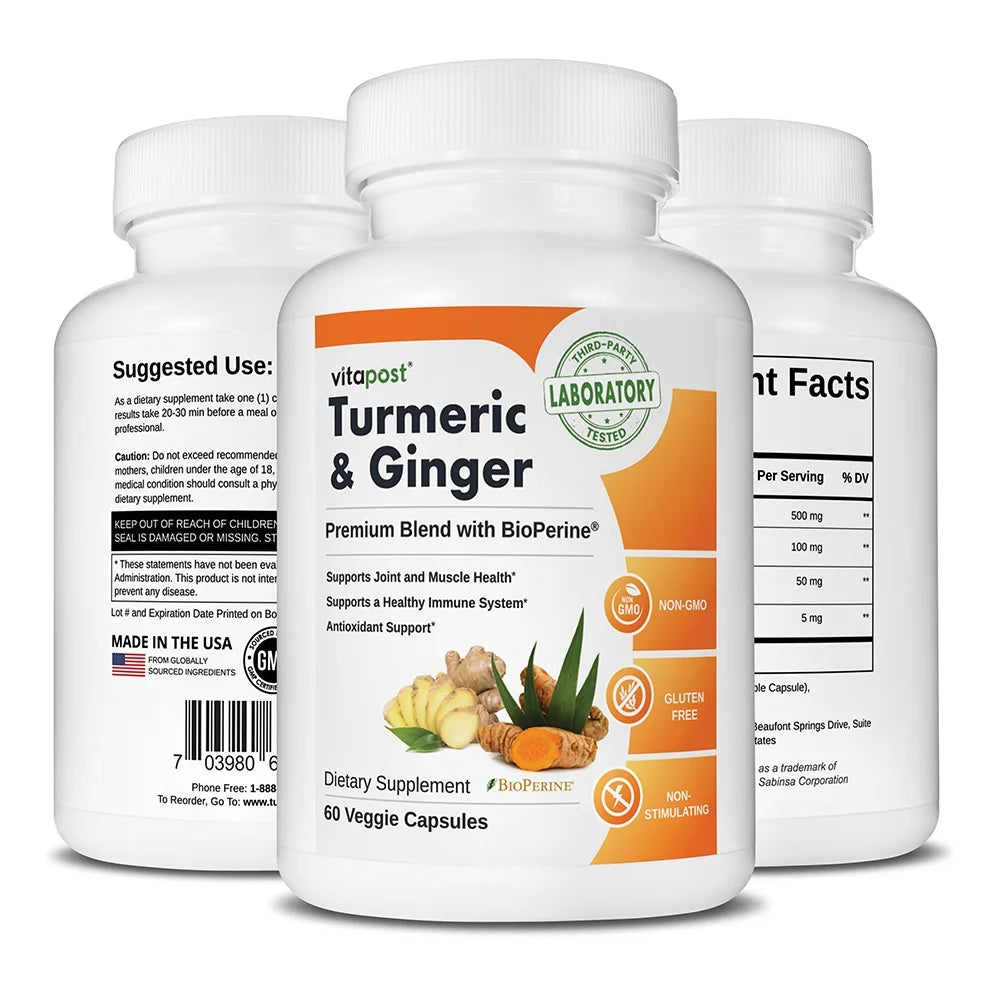 Turmeric & Ginger Supplement with BioPerine 60 Capsules K3888