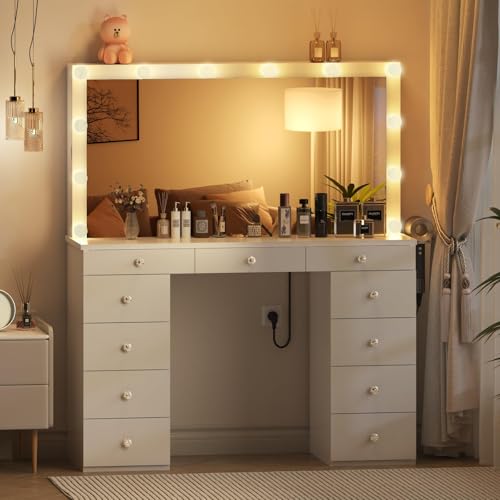 White Vanity Desk with Mirror and Lights, 11 Drawers, Charging Station B979