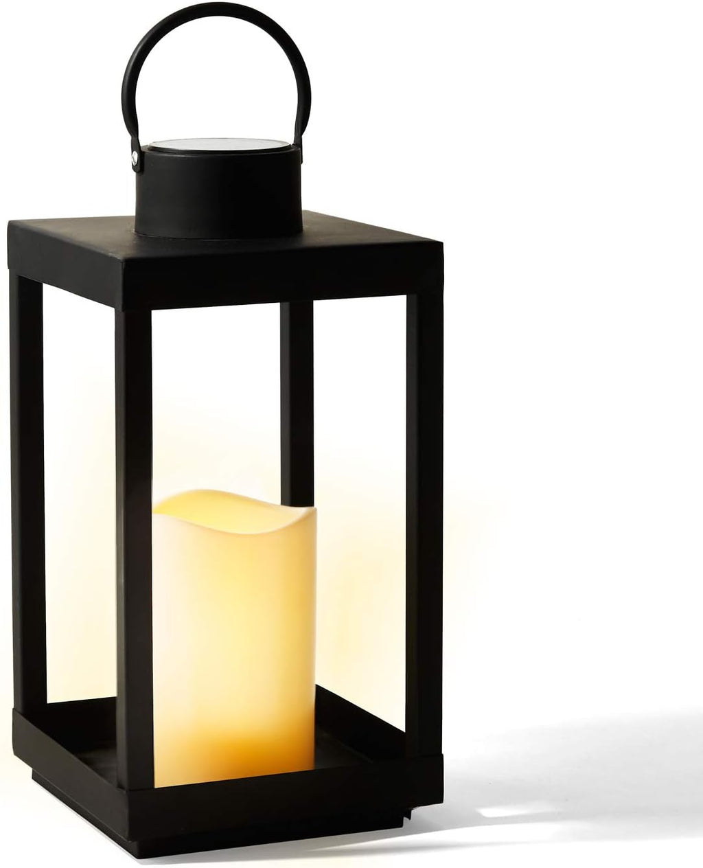 Large Outdoor Lantern with Solar Candle, 18 Inch Tall, Matte Black Metal Frame D2981